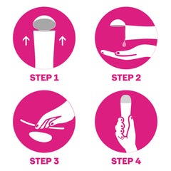 Durex Play Very Cherry pleasure gel four pink step icons showing open bottle pour gel onto hand apply and use with toy