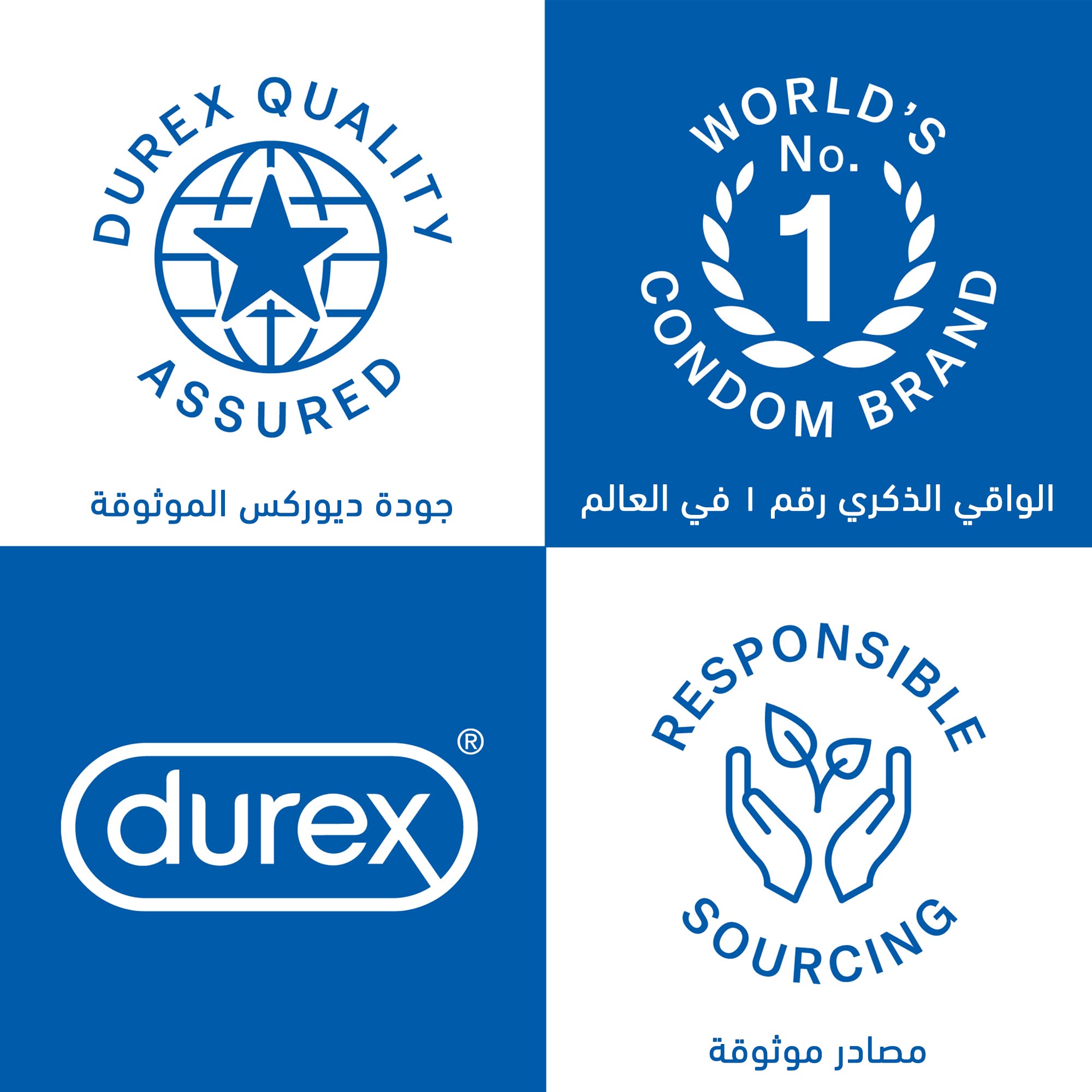 Durex Thin Feel condoms UAE product badges showing Durex quality assured worlds No 1 brand logo and responsible sourcing icons