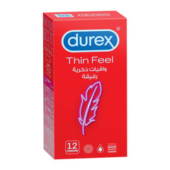 Durex Thin Feel condoms UAE red retail box with feather icon and Durex logo 12 condoms pack