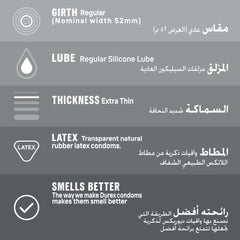 Durex Thin Feel condoms UAE product infographic showing extra thin latex regular lube 52mm width and improved scent