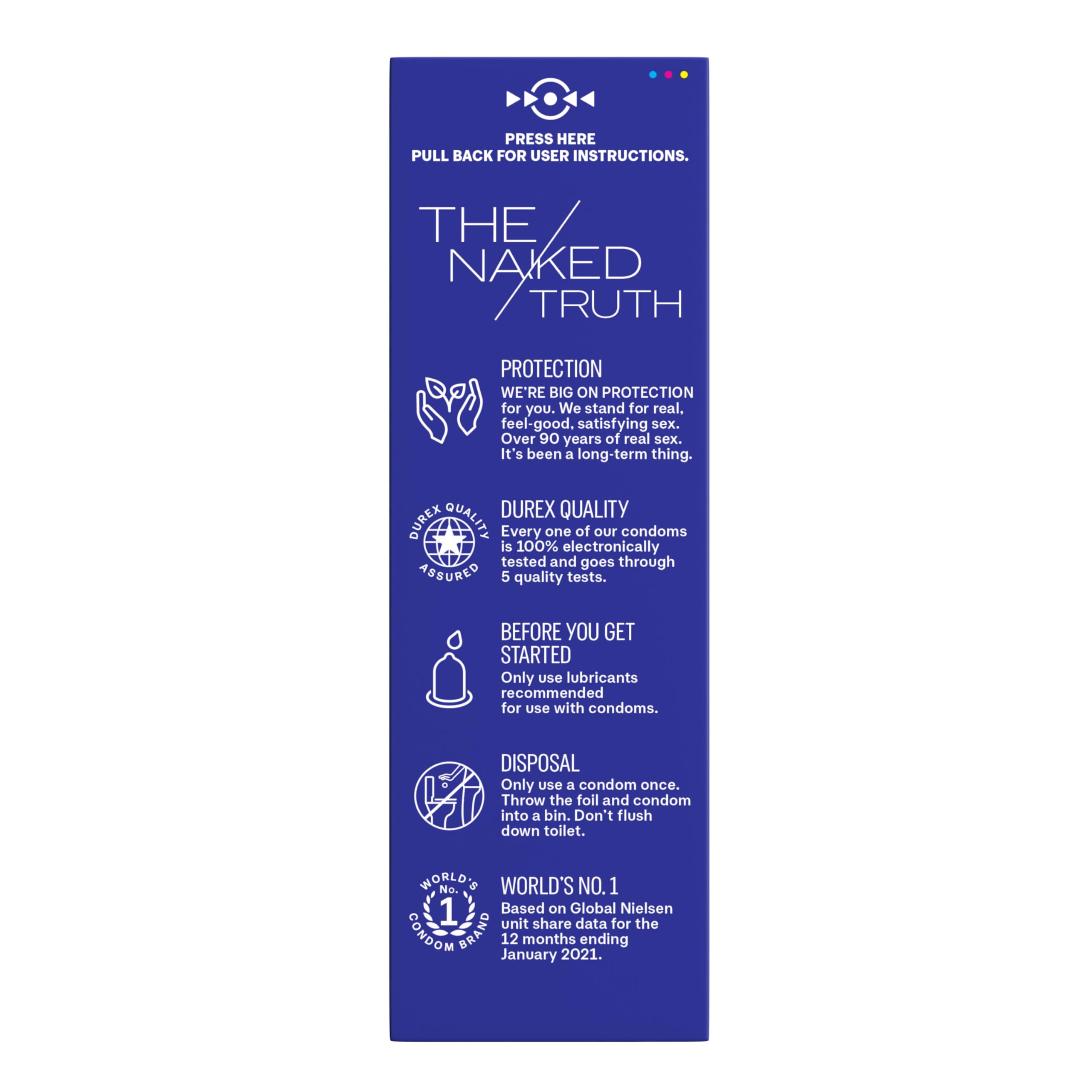 Durex XXL condoms UAE blue rectangular box side panel showing The Naked Truth protection details