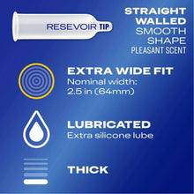 Latex condom with reservoir tip and extra wide fit design