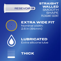 Blue Durex packaging graphic showing reservoir tip and features extra wide fit lubricated thick Durex XXL condoms UAE