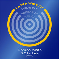 Durex XXL condoms UAE packaging infographic showing extra wide fit concentric rings and 2.5 inch nominal width