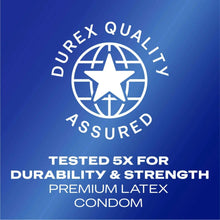 Durex Quality Assured badge: tested 5x for durability and strength, premium latex