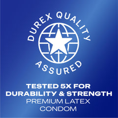Durex XXL condoms UAE Durex quality assured badge with Tested 5X for durability and strength premium latex condom text
