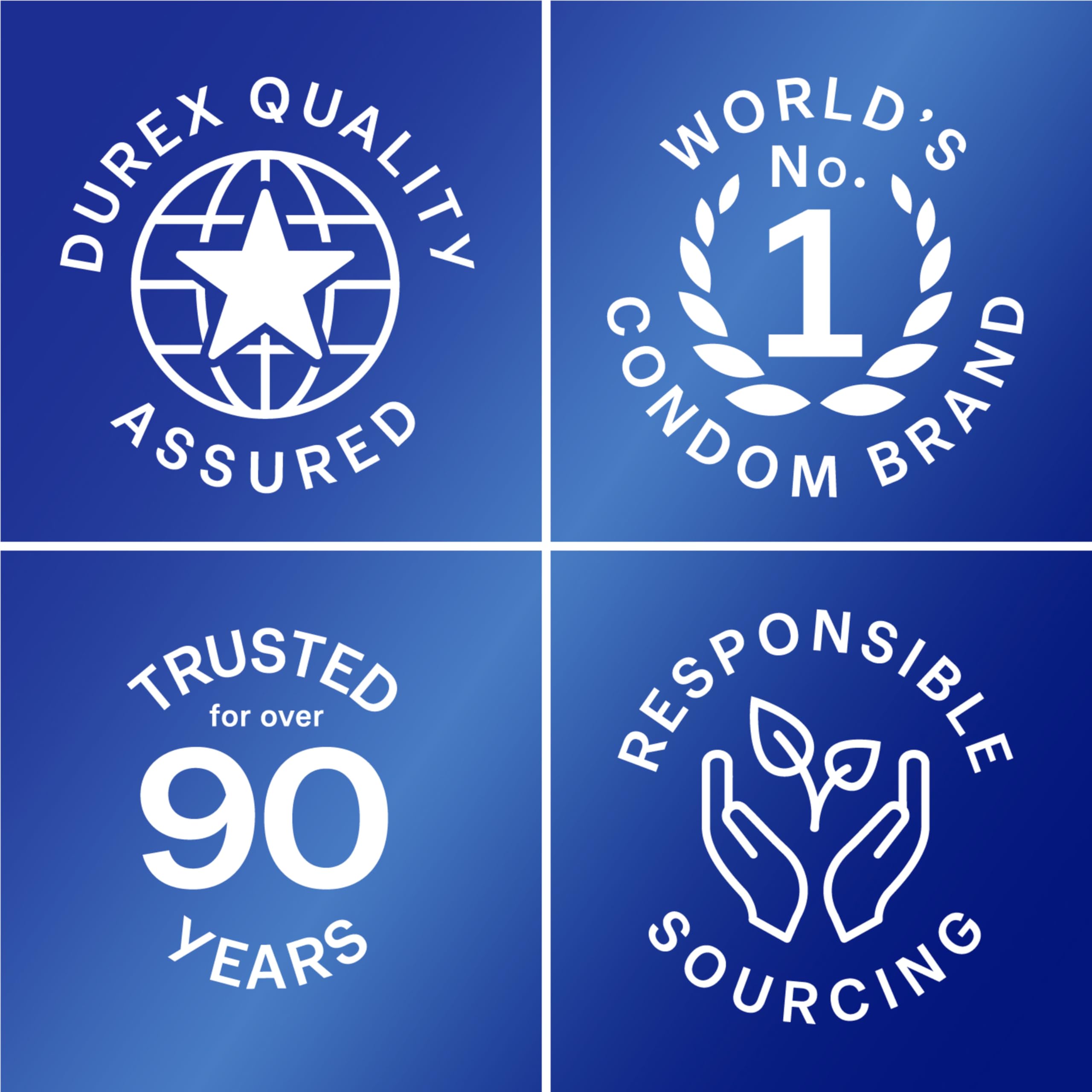 Durex quality badges showing Worlds No 1 condom brand trusted over 90 years and responsible sourcing Durex XXL condoms UAE