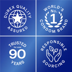 Durex quality badges showing Worlds No 1 condom brand trusted over 90 years and responsible sourcing Durex XXL condoms UAE