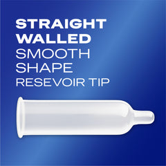 Durex XXL condoms UAE image showing a white straight walled condom on blue background with smooth shape and reservoir tip text