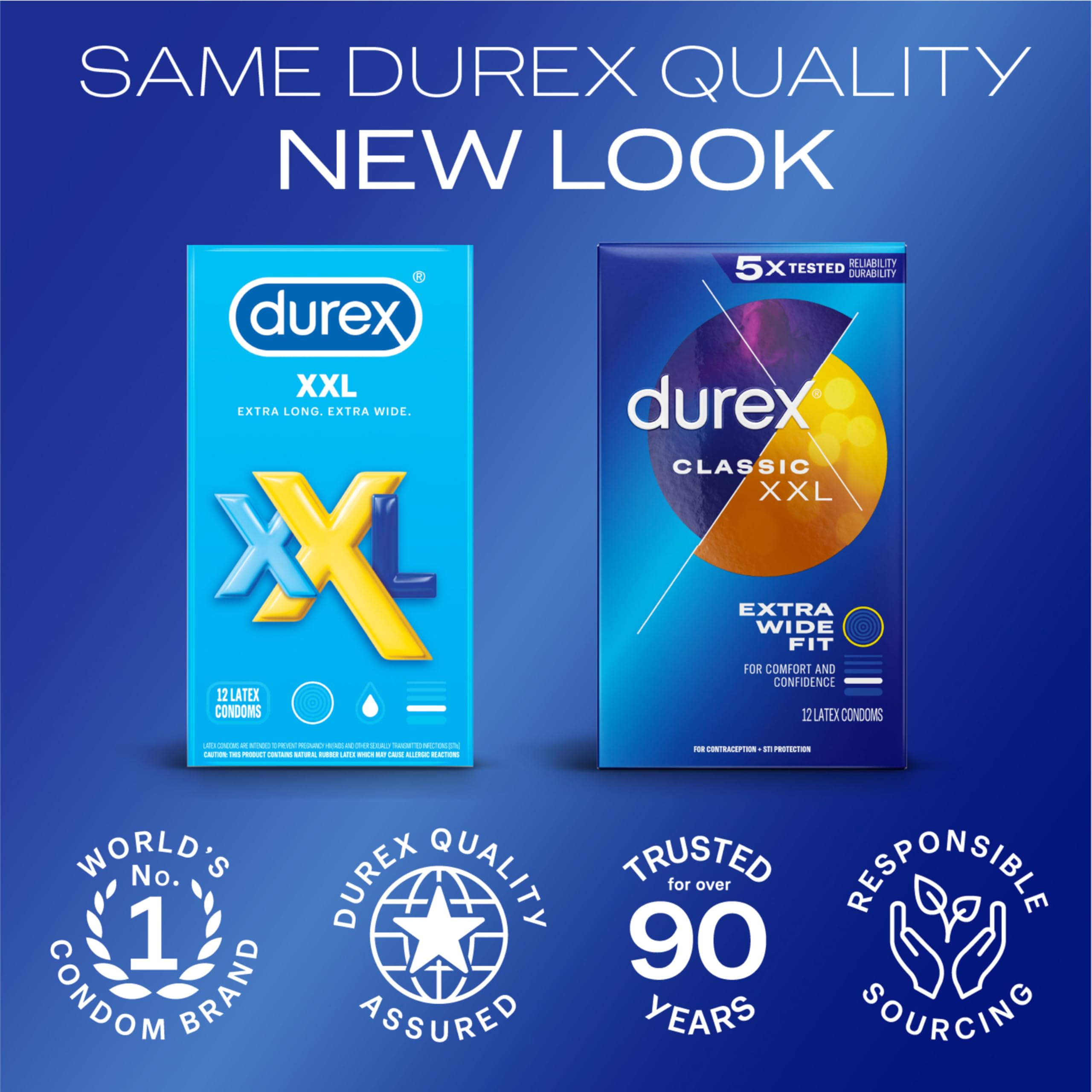 Durex XXL condoms UAE pack showing two XXL Durex boxes new look with quality and trusted icons