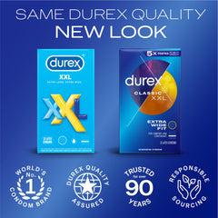 Durex XXL condoms UAE pack showing two XXL Durex boxes new look with quality and trusted icons