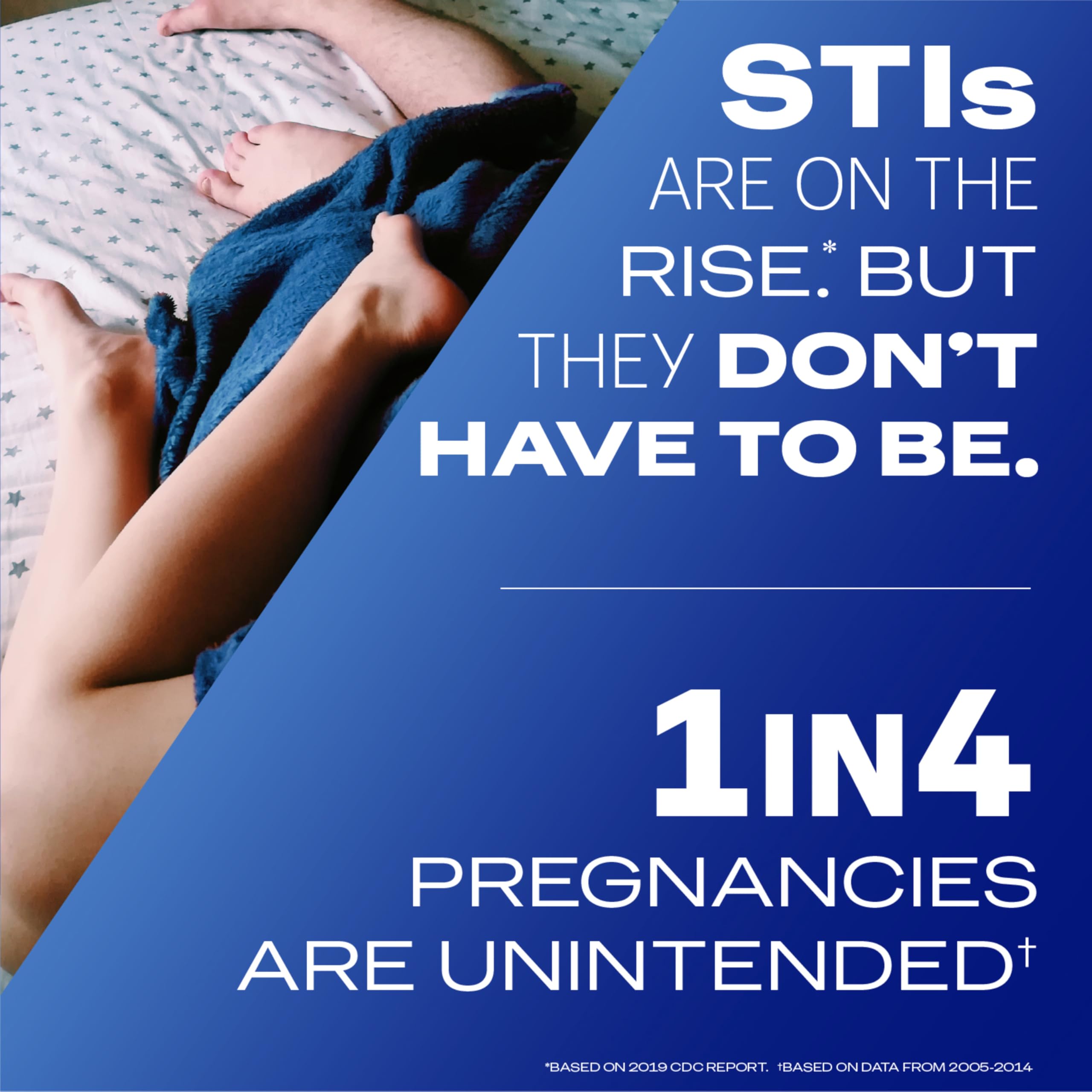 Durex XXL condoms UAE promotion showing couple in bed with blue overlay warning about STIs and unintended pregnancies