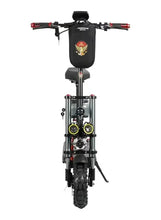 Electric scooter front view with seat post, black suspension, and headlight