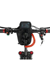 Electric scooter handlebar display and controls with black grips and red cable