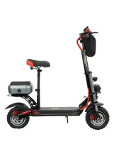 Electric scooter side view with black deck, seat, and grey battery cover
