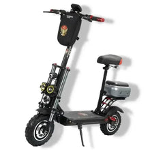 Electric scooter with seat, black frame and front handlebars with red accents