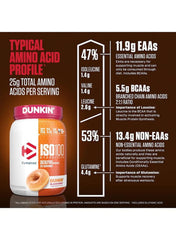 Dymatize Dunkin donut whey protein powder nutritional information with amino acid profile and serving size details