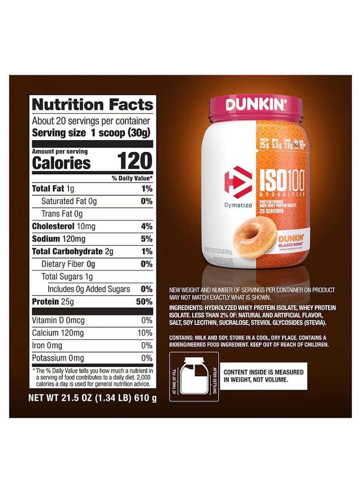 Dymatize Dunkin donut whey protein powder nutritional label with serving details and protein content