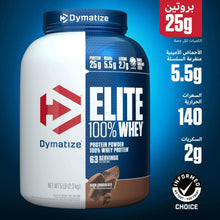 Protein powder canister with Elite 100% whey label and dark chocolate flavor