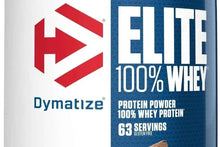 Protein powder tub label: Elite 100% whey, rich chocolate, 63 servings