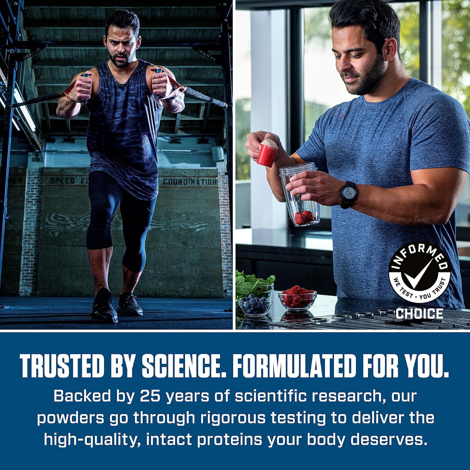 Athletic man working out and another preparing a shake with Dymatize Elite Whey Protein Rich Chocolate powder