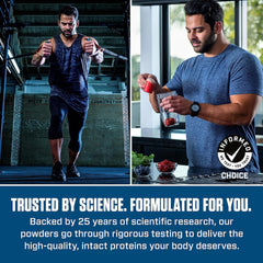 Athletic man working out and another preparing a shake with Dymatize Elite Whey Protein Rich Chocolate powder