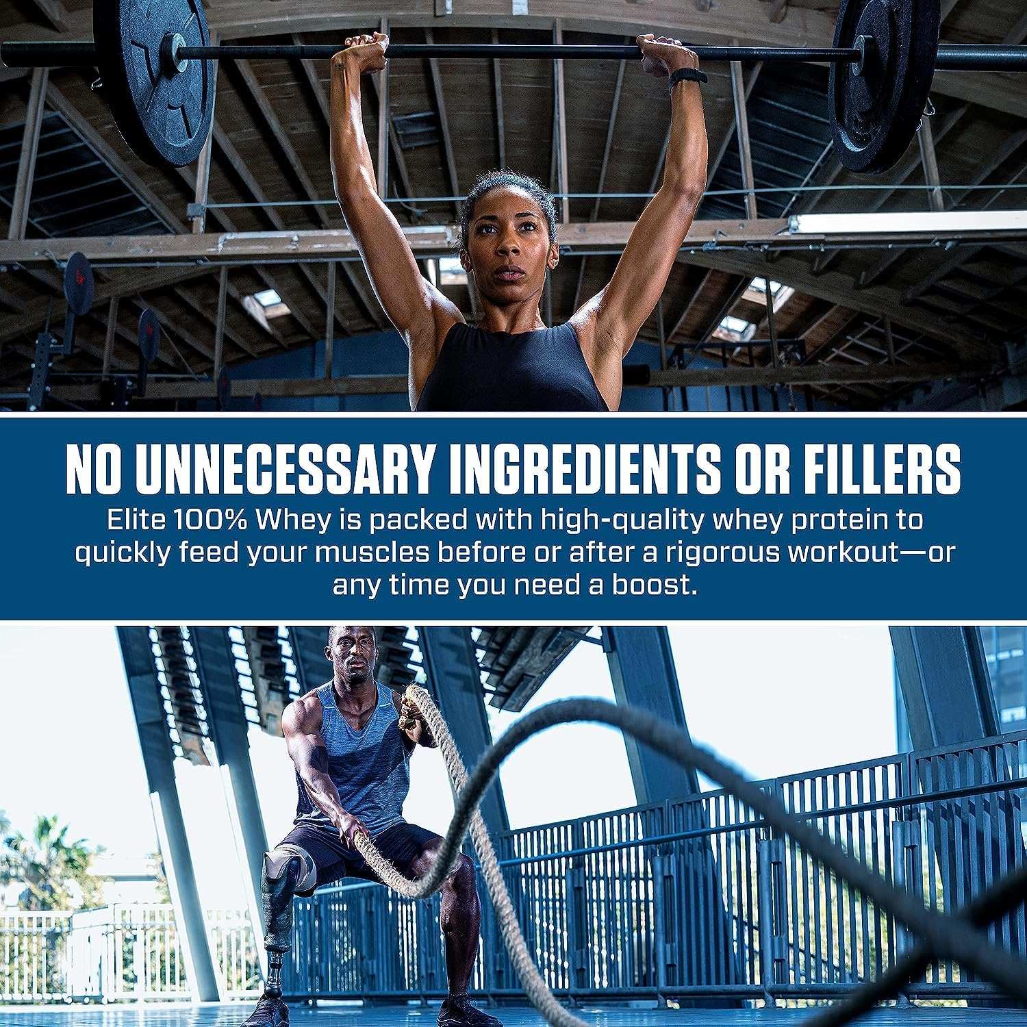 Dymatize Elite Whey Protein Rich Chocolate banner with athletes doing weightlifting and battle rope workout