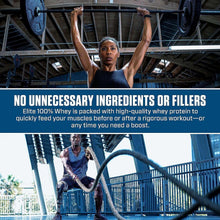 Whey protein marketing showing an athlete lifting weights and text about no fillers