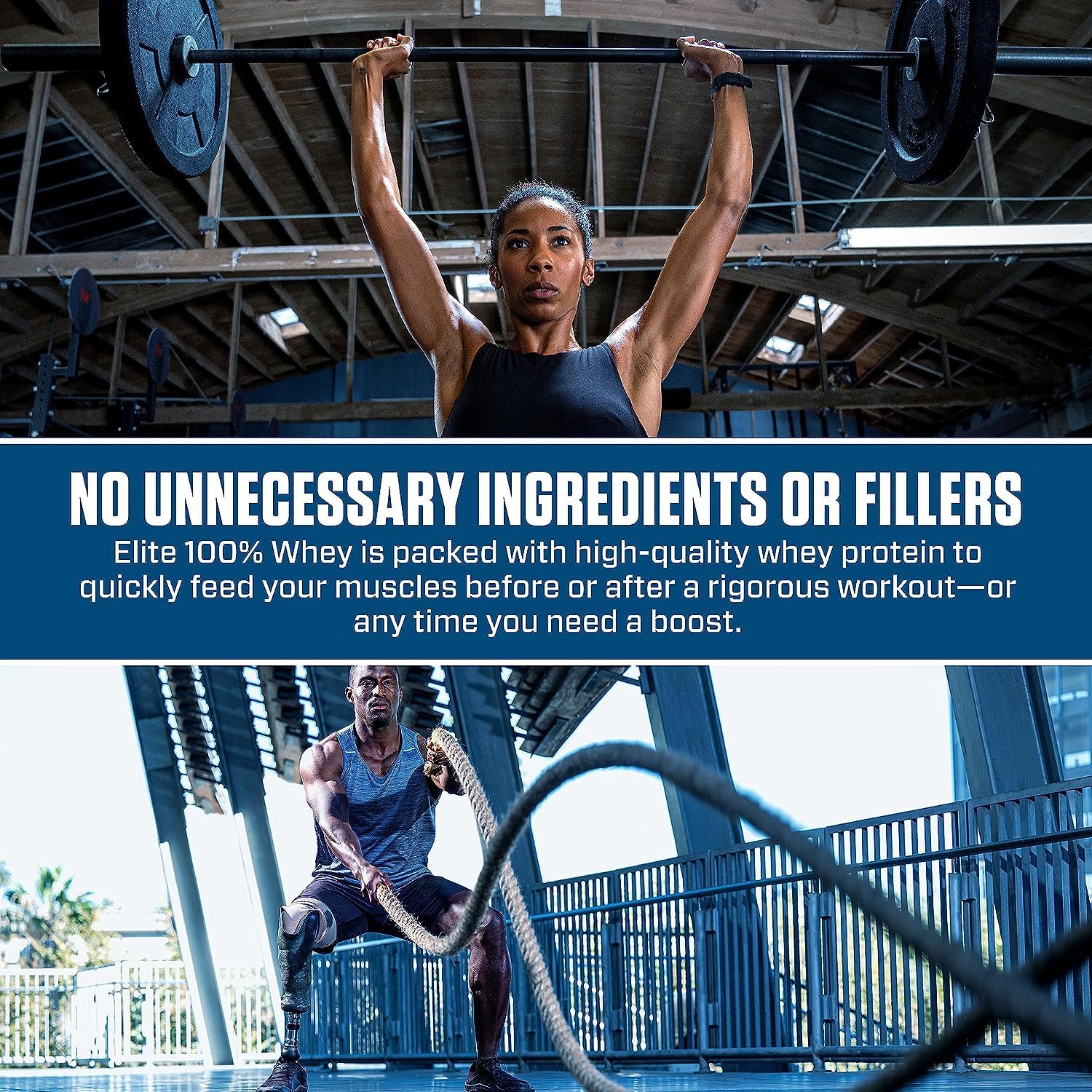 Dymatize Elite Whey Protein Rich Chocolate banner with athletes doing weightlifting and battle rope workout