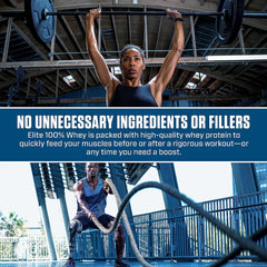 Dymatize Elite Whey Protein Rich Chocolate banner with athletes doing weightlifting and battle rope workout