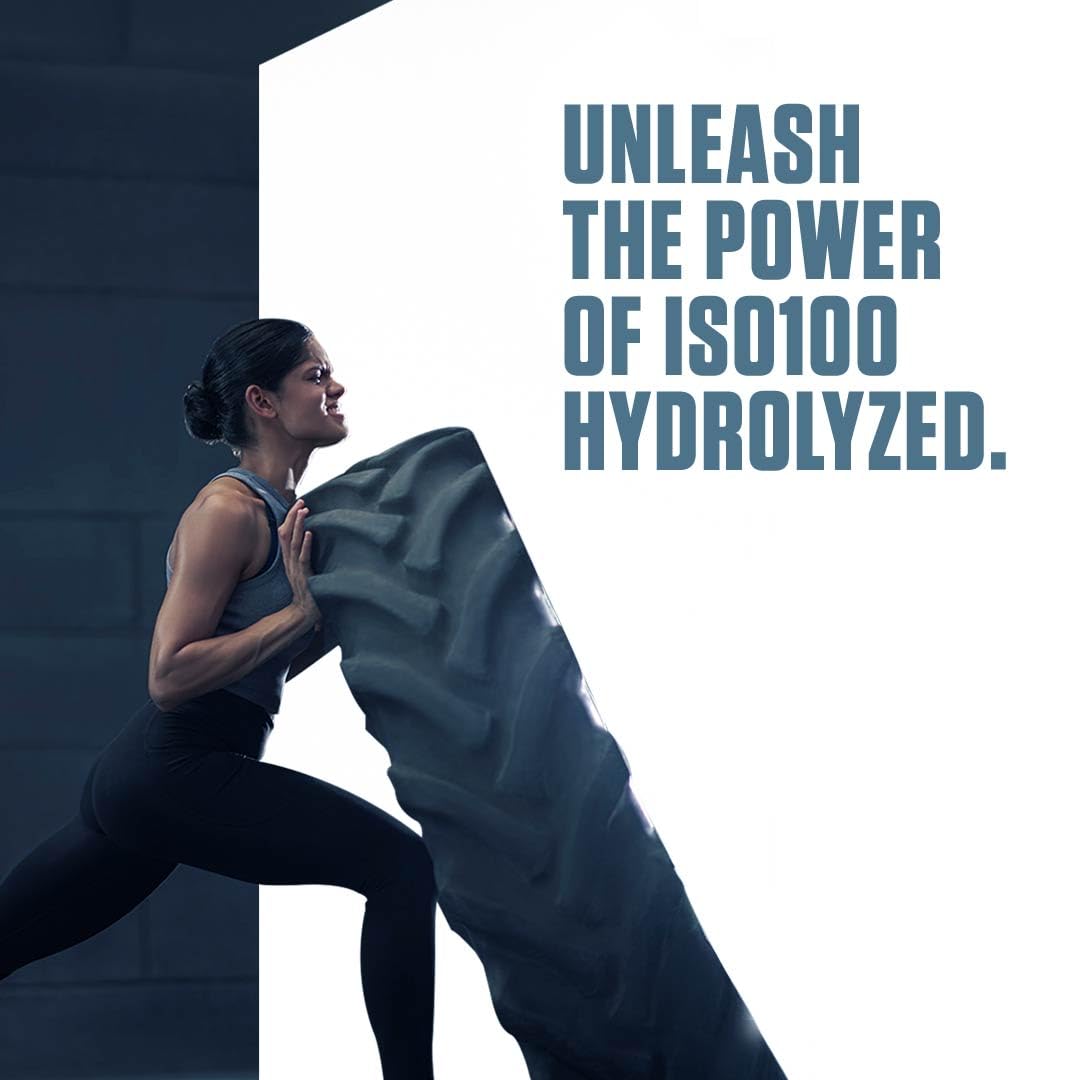 Athletic woman flipping a tire promoting Dymatize ISO 100 whey protein UAE for strength and recovery