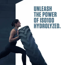 ISO100 hydrolyzed whey protein promotional graphic with athlete pose