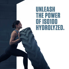 Athletic woman flipping a tire promoting Dymatize ISO 100 whey protein UAE for strength and recovery
