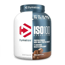Dymatize ISO100 whey protein tub, gourmet chocolate flavor label