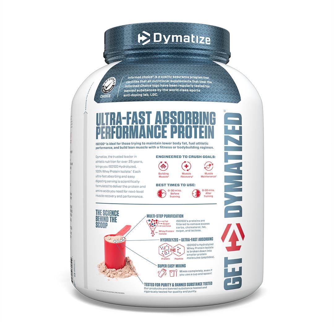 Dymatize ISO 100 whey protein UAE white tub with blue lid ultra fast absorbing performance protein