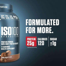 Dymatize ISO100 whey protein tub with protein 25g, calories 120 label