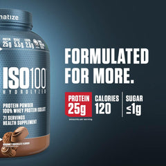 Dymatize ISO 100 whey protein UAE container with label showing 25g protein 120 calories and sugar under 1g