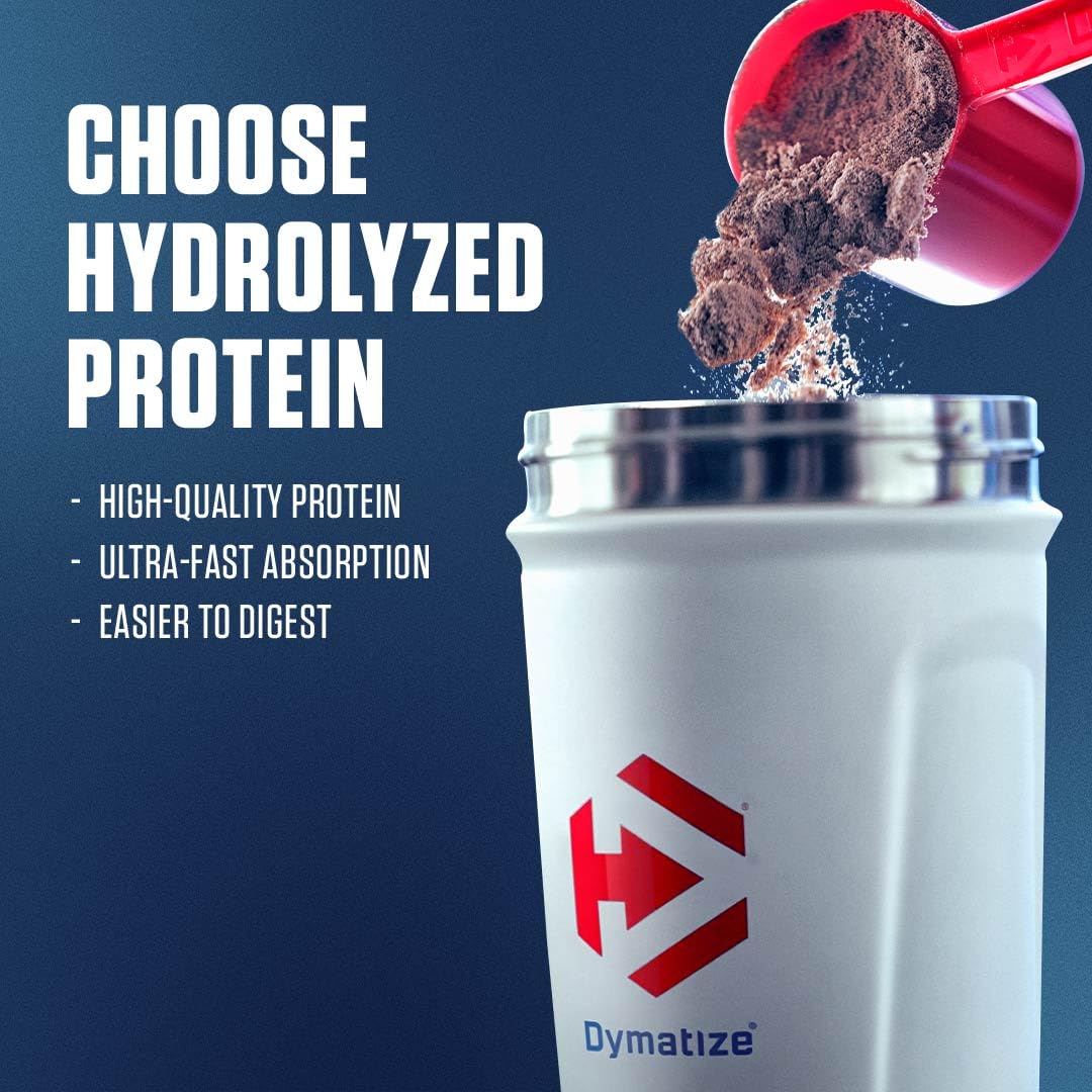 Dymatize ISO 100 whey protein UAE scoop pouring chocolate powder into white Dymatize shaker showcasing hydrolyzed protein benefits