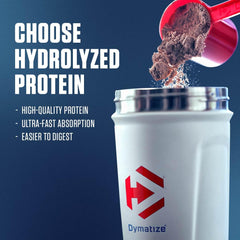Dymatize ISO 100 whey protein UAE scoop pouring chocolate powder into white Dymatize shaker showcasing hydrolyzed protein benefits