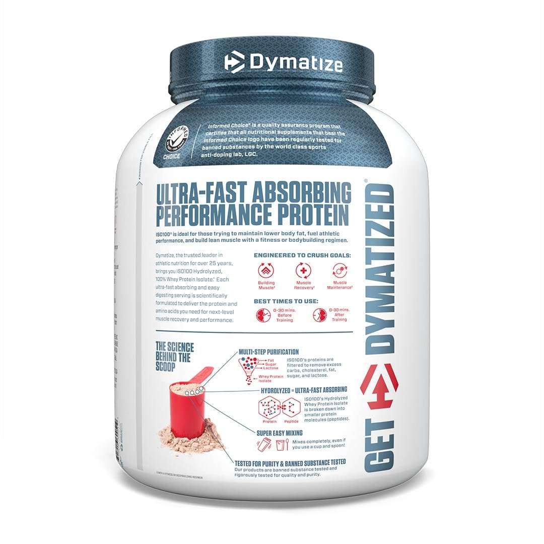 Dymatize ISO100 hydrolyzed protein powder large white tub with ultra fast absorbing performance protein label