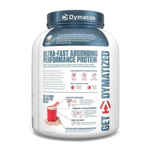 Dymatize ISO100 Hydrolyzed whey protein tub with ultra-fast absorbing performance label