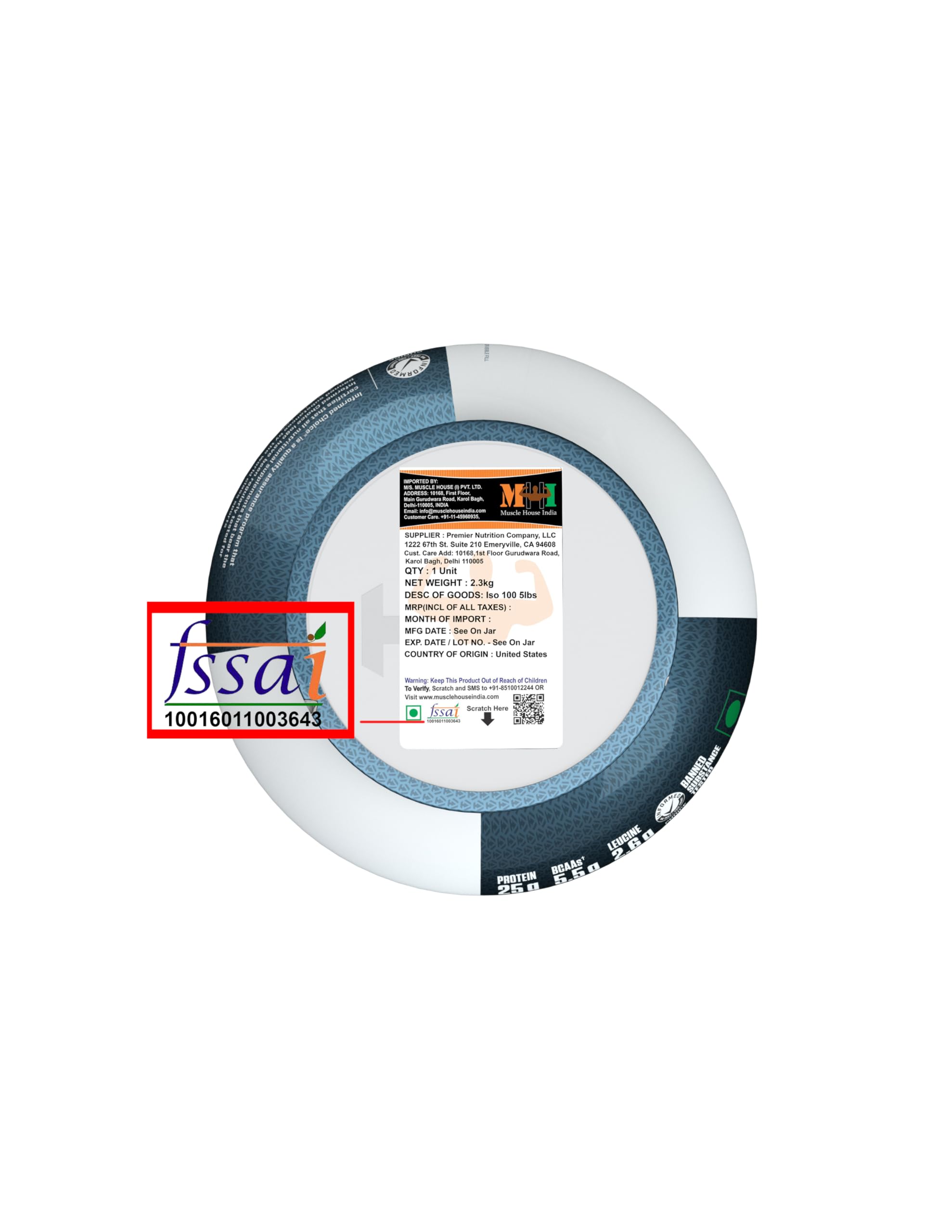 Top view of Dymatize ISO100 hydrolyzed protein powder tub lid showing nutrition label and FSSAI logo