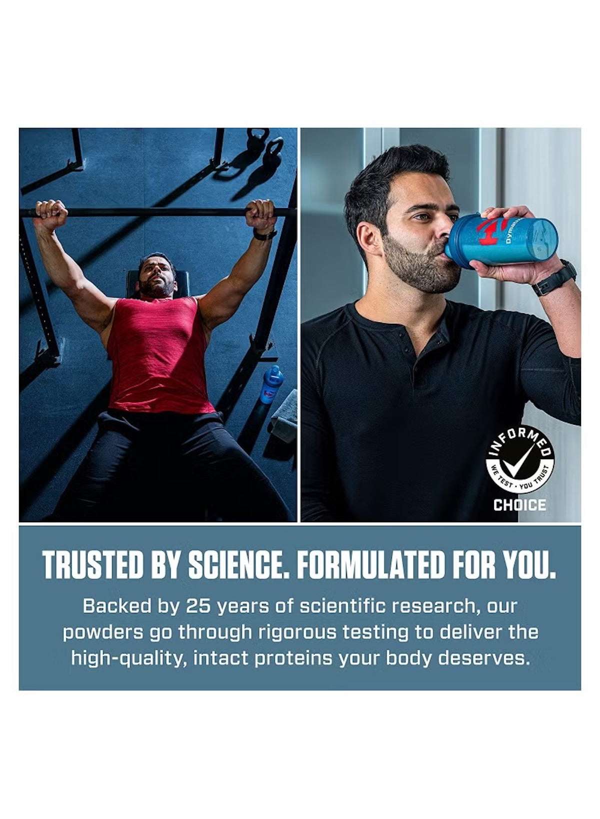 Dymatize ISO 100 Whey Protein UAE advertisement showcasing fitness enthusiasts and product trust in science.