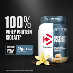 Dymatize ISO100 whey protein isolate in gourmet vanilla flavor with 25g of protein per serving