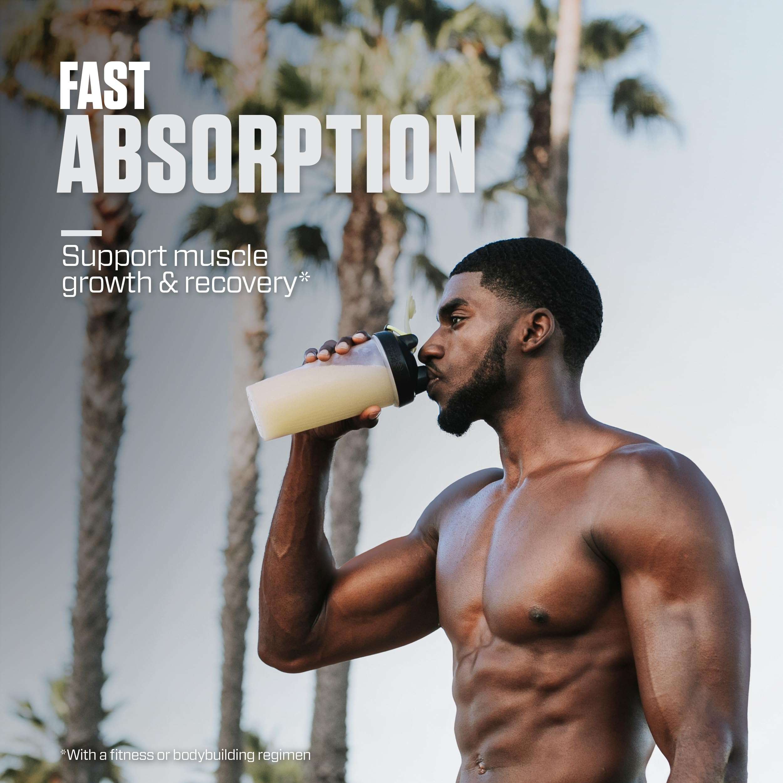 Dymatize ISO100 whey protein isolate in a shaker, promoting fast absorption for muscle growth