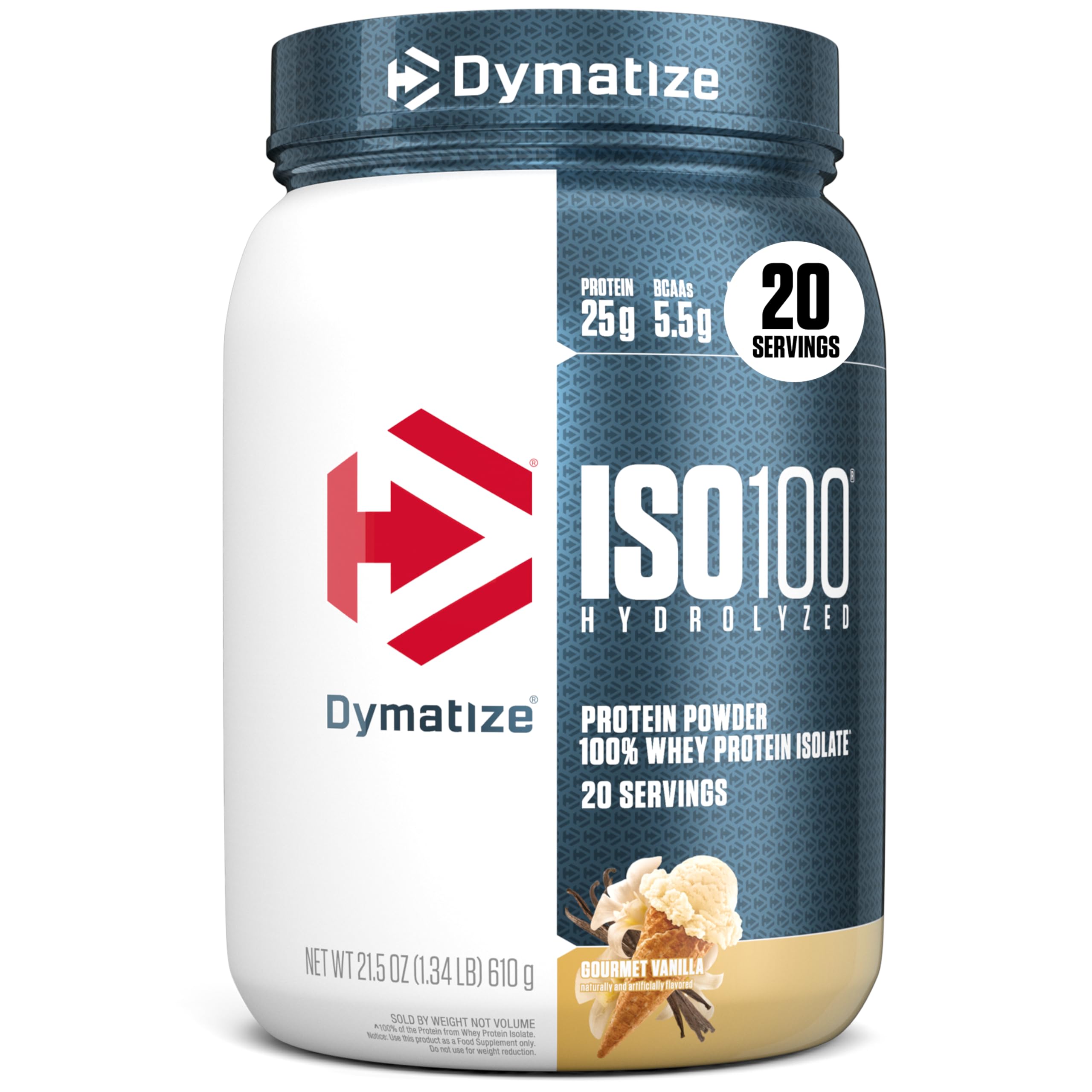 Dymatize ISO100 whey protein isolate in Gourmet Vanilla flavor with 25g protein per serving