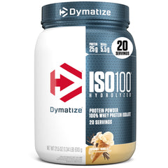 Dymatize ISO100 whey protein isolate in Gourmet Vanilla flavor with 25g protein per serving