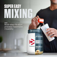 Whey protein isolate jar with a mixing cup held by a person