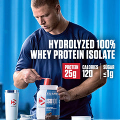 Dymatize ISO100 whey protein isolate UAE with 25g protein and 120 calories in a man’s hands.