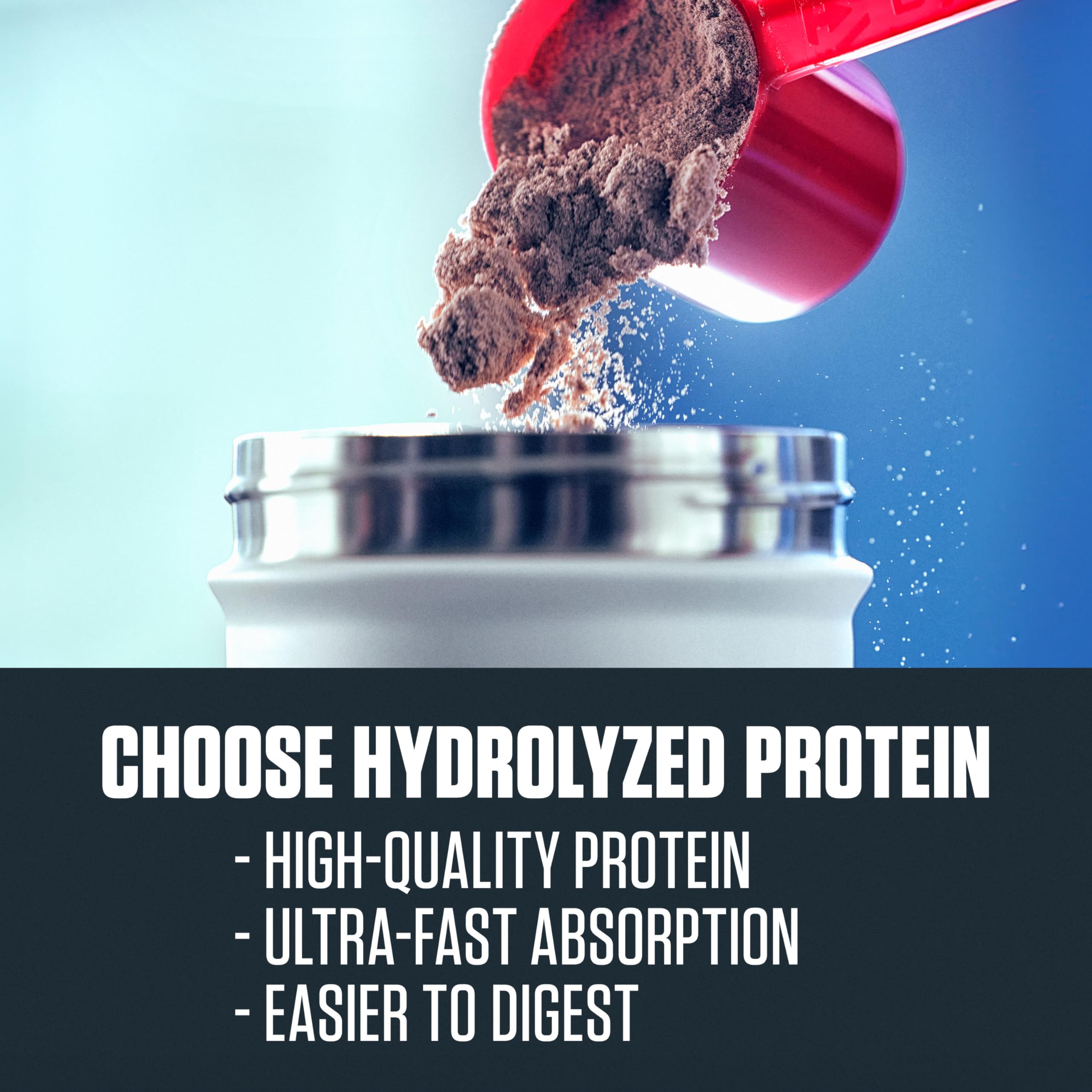 Dymatize ISO100 whey protein isolate UAE being poured into a container showing protein powder texture